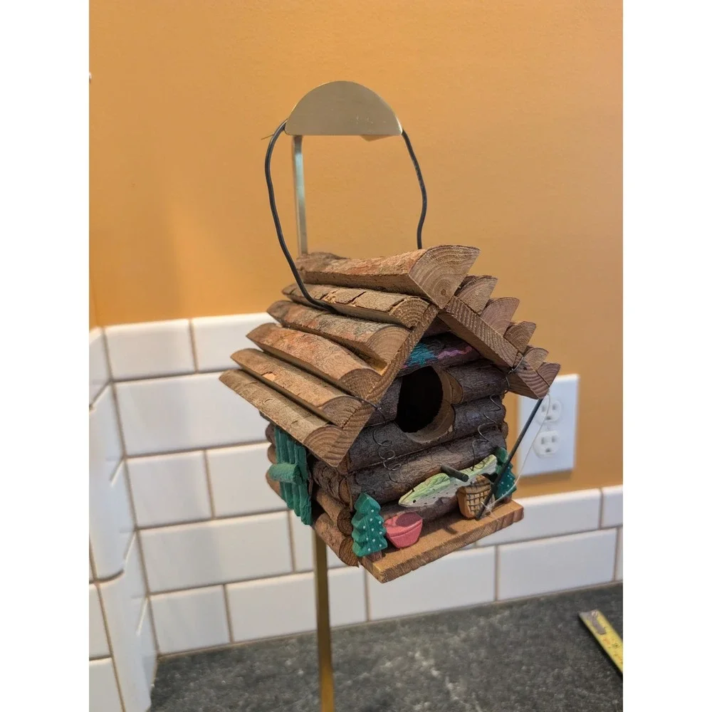 Handmade Rustic Log Cabin Birdhouse Wood Fishing Lodge Decor with Wire‎ Hanger
